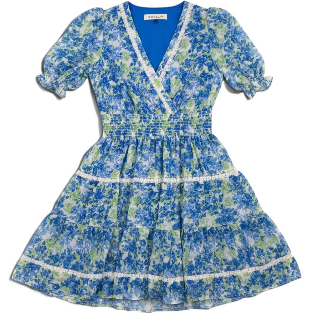 Taylor Blue Green Floral Lace Trim Smocked Waist Tiered Mini Dress Size 6